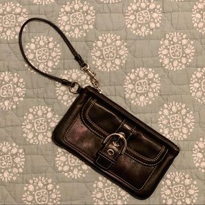 Coach black leather wristlet w silver hardware